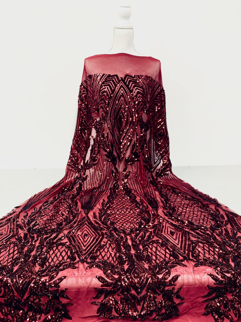Francesca BURGUNDY Vines and Diamonds Pattern Sequins on Mesh Lace Fabric by the Yard - 10130