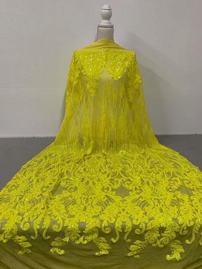 Angelica BRIGHT YELLOW Curlicues and Leaves Sequins on Mesh Lace Fabric by the Yard - 10132