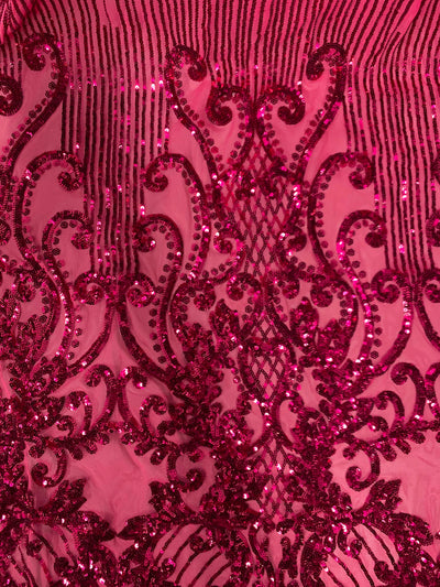 Angelica FUCHSIA Curlicues and Leaves Sequins on Mesh Lace Fabric by the Yard - 10132