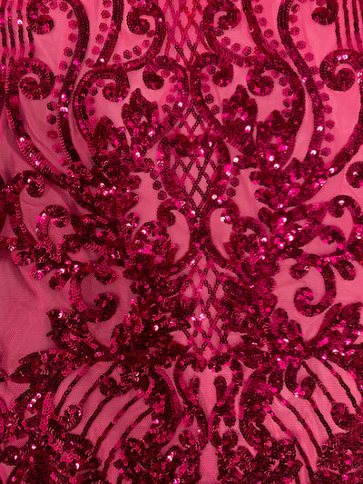 Angelica FUCHSIA Curlicues and Leaves Sequins on Mesh Lace Fabric by the Yard - 10132
