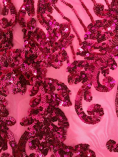 Angelica FUCHSIA Curlicues and Leaves Sequins on Mesh Lace Fabric by the Yard - 10132