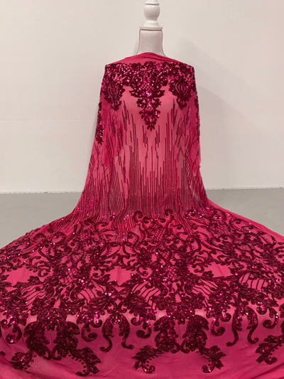 Angelica FUCHSIA Curlicues and Leaves Sequins on Mesh Lace Fabric by the Yard - 10132
