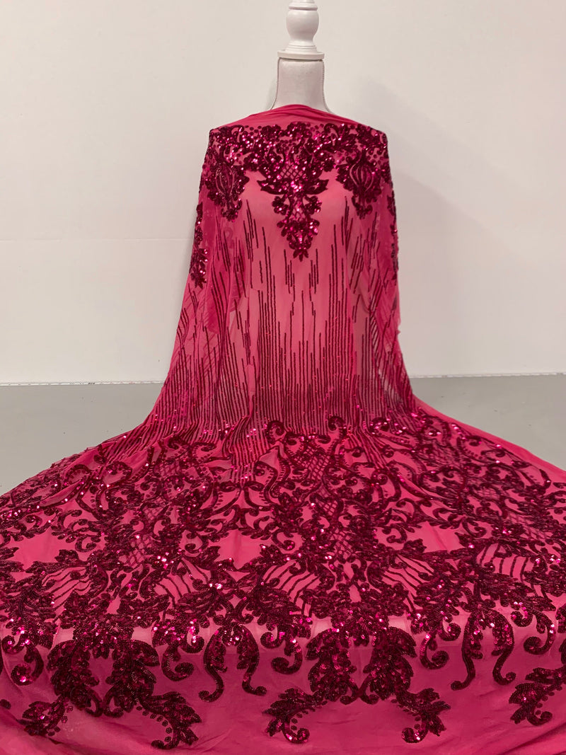 Angelica FUCHSIA Curlicues and Leaves Sequins on Mesh Lace Fabric by the Yard - 10132