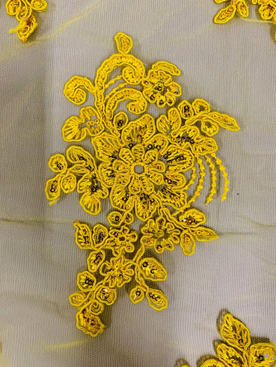 Brianna BRIGHT YELLOW Polyester Floral Embroidery with Sequins on Mesh Lace Fabric by the Yard - 10020