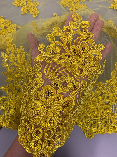 Brianna BRIGHT YELLOW Polyester Floral Embroidery with Sequins on Mesh Lace Fabric by the Yard - 10020