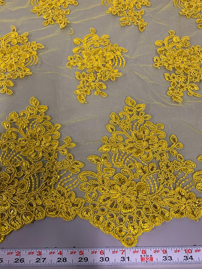 Brianna BRIGHT YELLOW Polyester Floral Embroidery with Sequins on Mesh Lace Fabric by the Yard - 10020