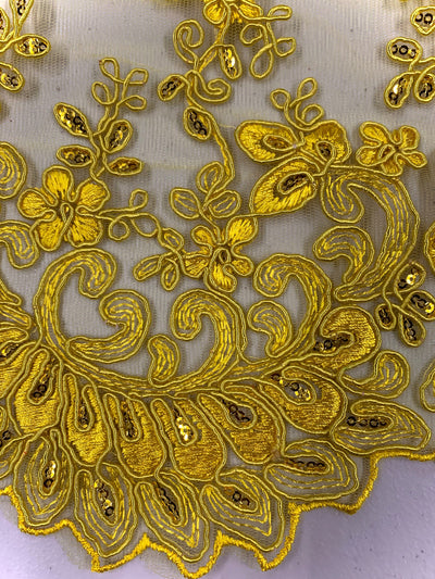Melody BRIGHT YELLOW Polyester Floral Embroidery with Sequins on Mesh Lace Fabric by the Yard for Gown, Wedding, Bridesmaid, Prom - 10002