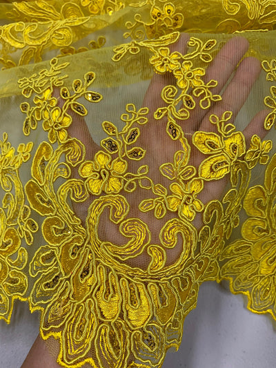 Melody BRIGHT YELLOW Polyester Floral Embroidery with Sequins on Mesh Lace Fabric by the Yard for Gown, Wedding, Bridesmaid, Prom - 10002