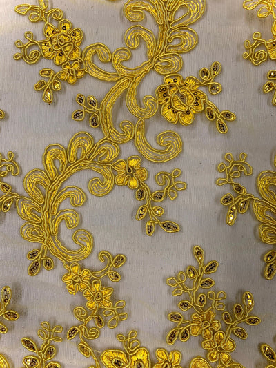 Melody BRIGHT YELLOW Polyester Floral Embroidery with Sequins on Mesh Lace Fabric by the Yard for Gown, Wedding, Bridesmaid, Prom - 10002