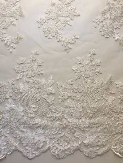 Diana IVORY Polyester Corded Floral Embroidery on Mesh Lace Fabric by the Yard - 10064