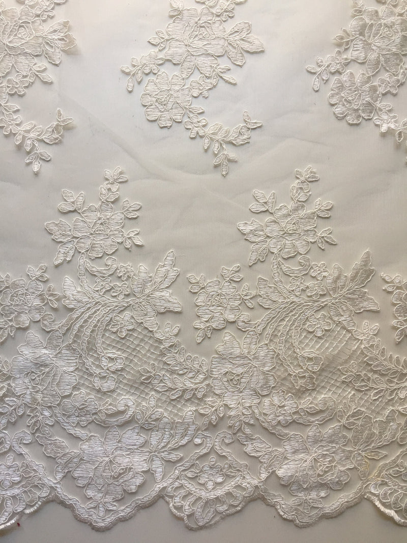 Diana IVORY Polyester Corded Floral Embroidery on Mesh Lace Fabric by the Yard - 10064