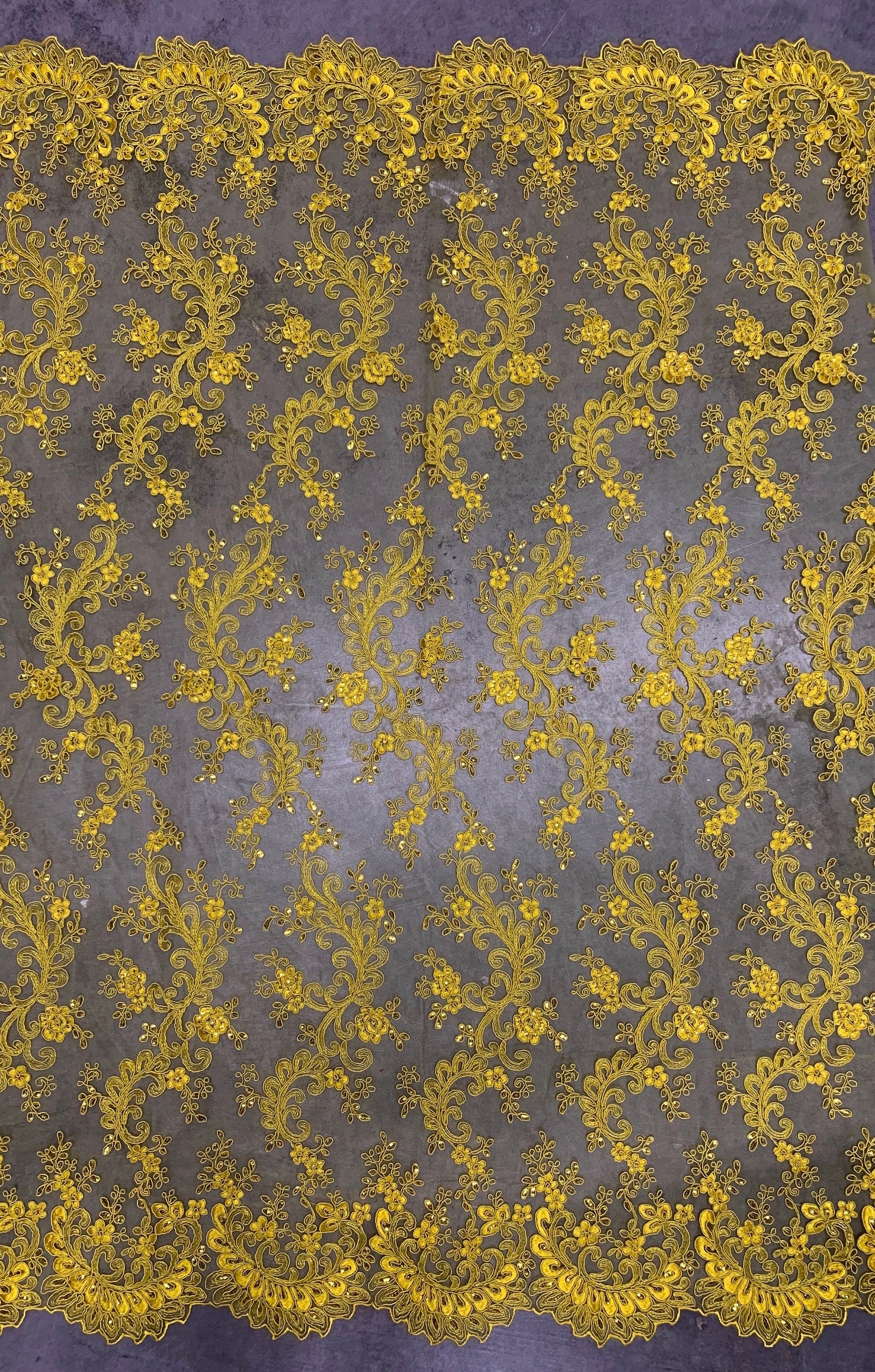 Melody BRIGHT YELLOW Polyester Floral Embroidery with Sequins on Mesh Lace Fabric by the Yard for Gown, Wedding, Bridesmaid, Prom - 10002