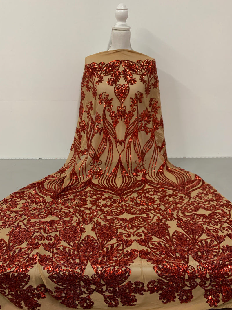 Kara RED Hearts and Flowers Sequins on NUDE Mesh Lace Fabric by the Yard - 10148