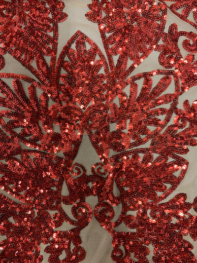 Kara RED Hearts and Flowers Sequins on NUDE Mesh Lace Fabric by the Yard - 10148