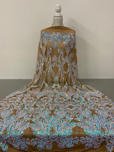 Kara Iridescent WHITE BLUE Hearts and Flowers Sequins on NUDE Mesh Lace Fabric by the Yard - 10148