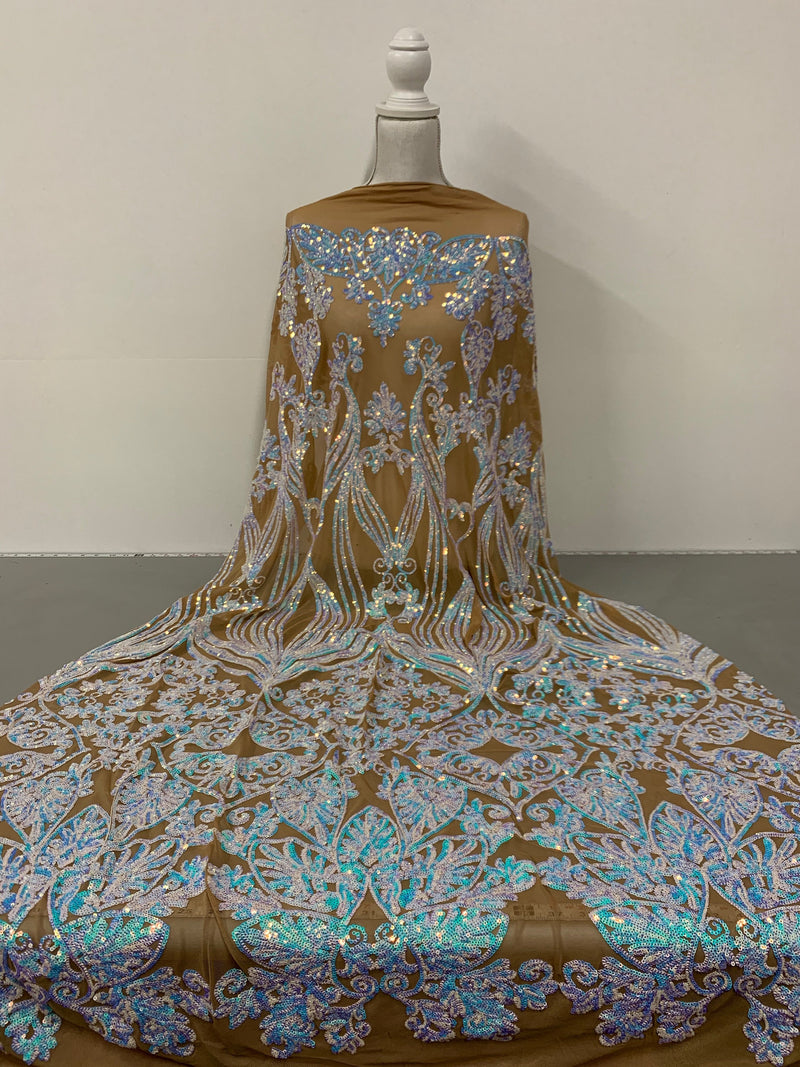 Kara Iridescent WHITE BLUE Hearts and Flowers Sequins on NUDE Mesh Lace Fabric by the Yard - 10148