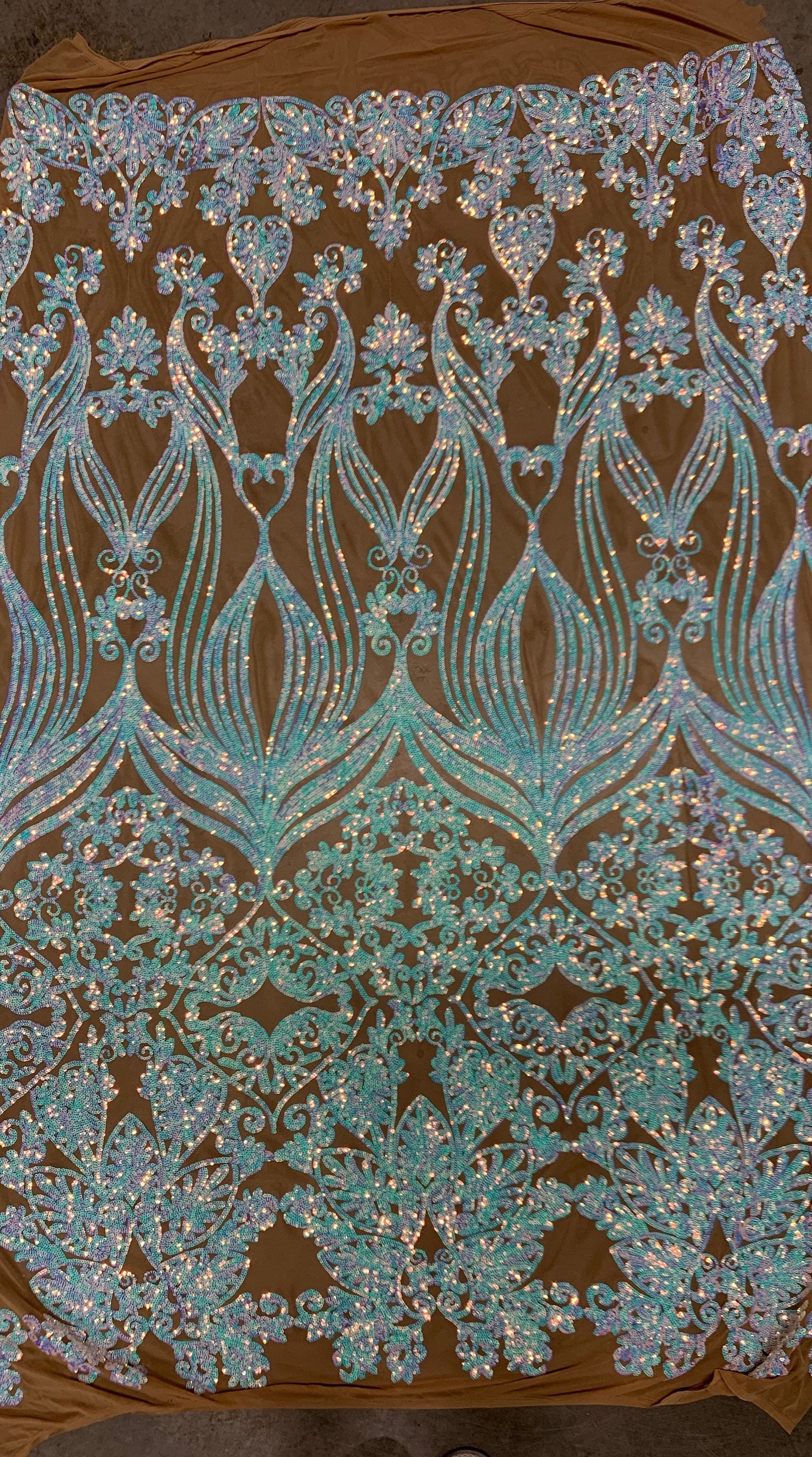 Kara Iridescent WHITE BLUE Hearts and Flowers Sequins on NUDE Mesh Lace Fabric by the Yard - 10148