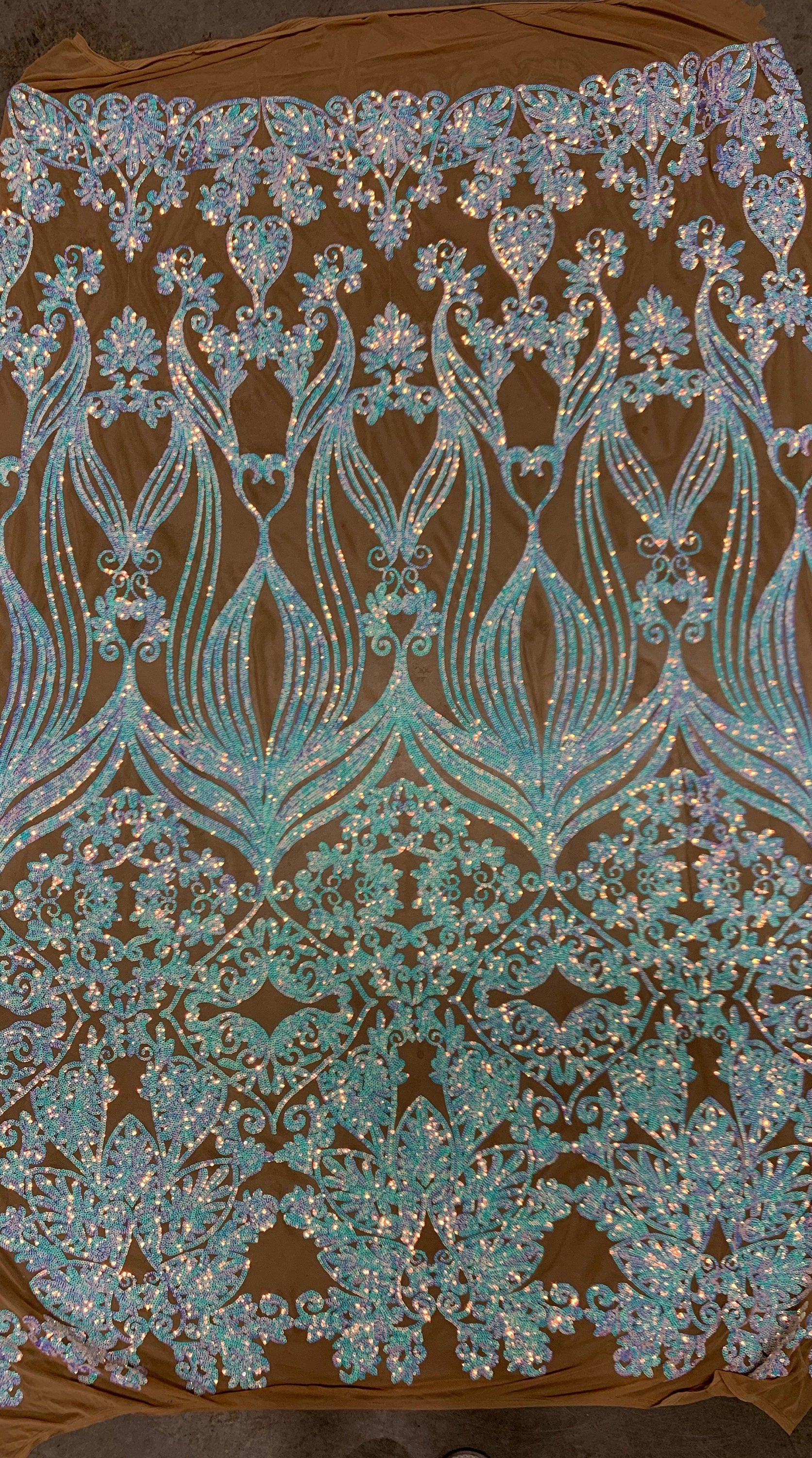 Kara Iridescent WHITE BLUE Hearts and Flowers Sequins on NUDE Mesh Lace Fabric by the Yard - 10148