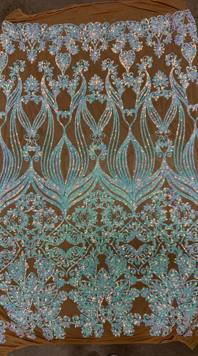 Kara Iridescent WHITE BLUE Hearts and Flowers Sequins on NUDE Mesh Lace Fabric by the Yard - 10148