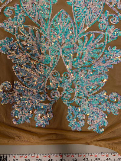 Kara Iridescent WHITE BLUE Hearts and Flowers Sequins on NUDE Mesh Lace Fabric by the Yard - 10148