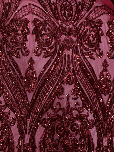 Alaina BURGUNDY Curlicue Sequins on Mesh Lace Fabric by the Yard - 10018
