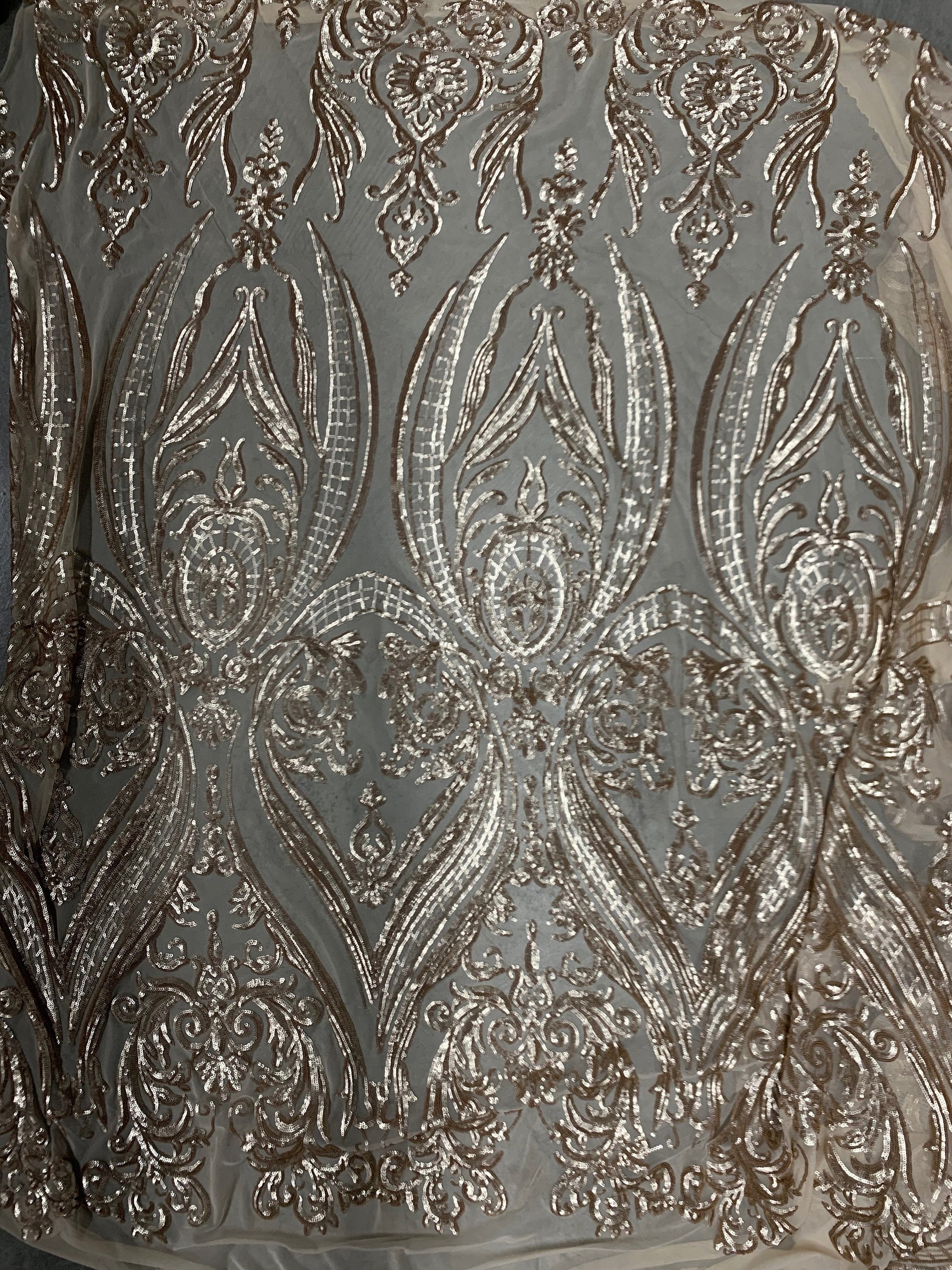 Alaina CHAMPAGNE Curlicue Sequins on Mesh Lace Fabric by the Yard - 10018