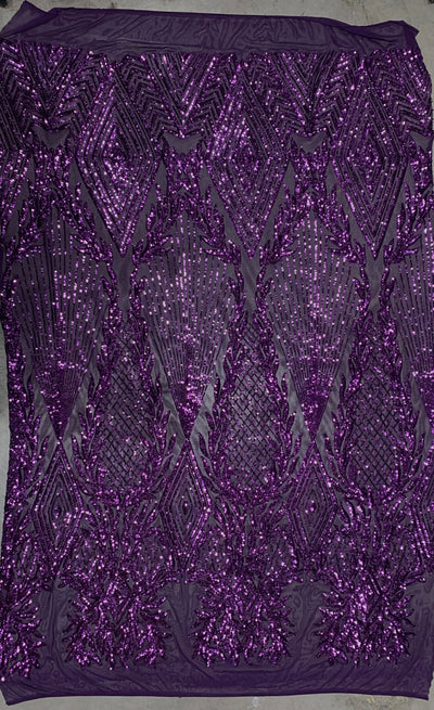 Francesca PLUM Vines and Diamonds Pattern Sequins on Mesh Lace Fabric by the Yard - 10130