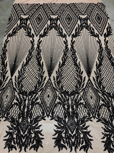 Francesca BLACK Vines and Diamonds Pattern Sequins on NUDE Mesh Lace Fabric by the Yard - 10130