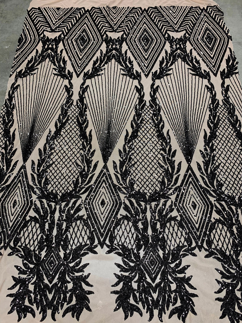 Francesca BLACK Vines and Diamonds Pattern Sequins on NUDE Mesh Lace Fabric by the Yard - 10130