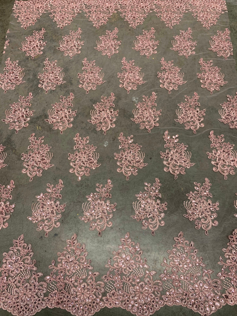 Brianna PINK Polyester Floral Embroidery with Sequins on Mesh Lace Fabric by the Yard - 10020