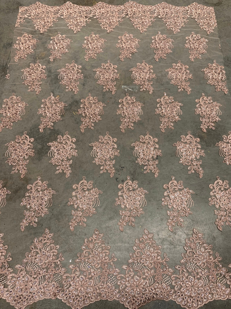 Brianna OLD ROSE Polyester Floral Embroidery with Sequins on Mesh Lace Fabric by the Yard - 10020