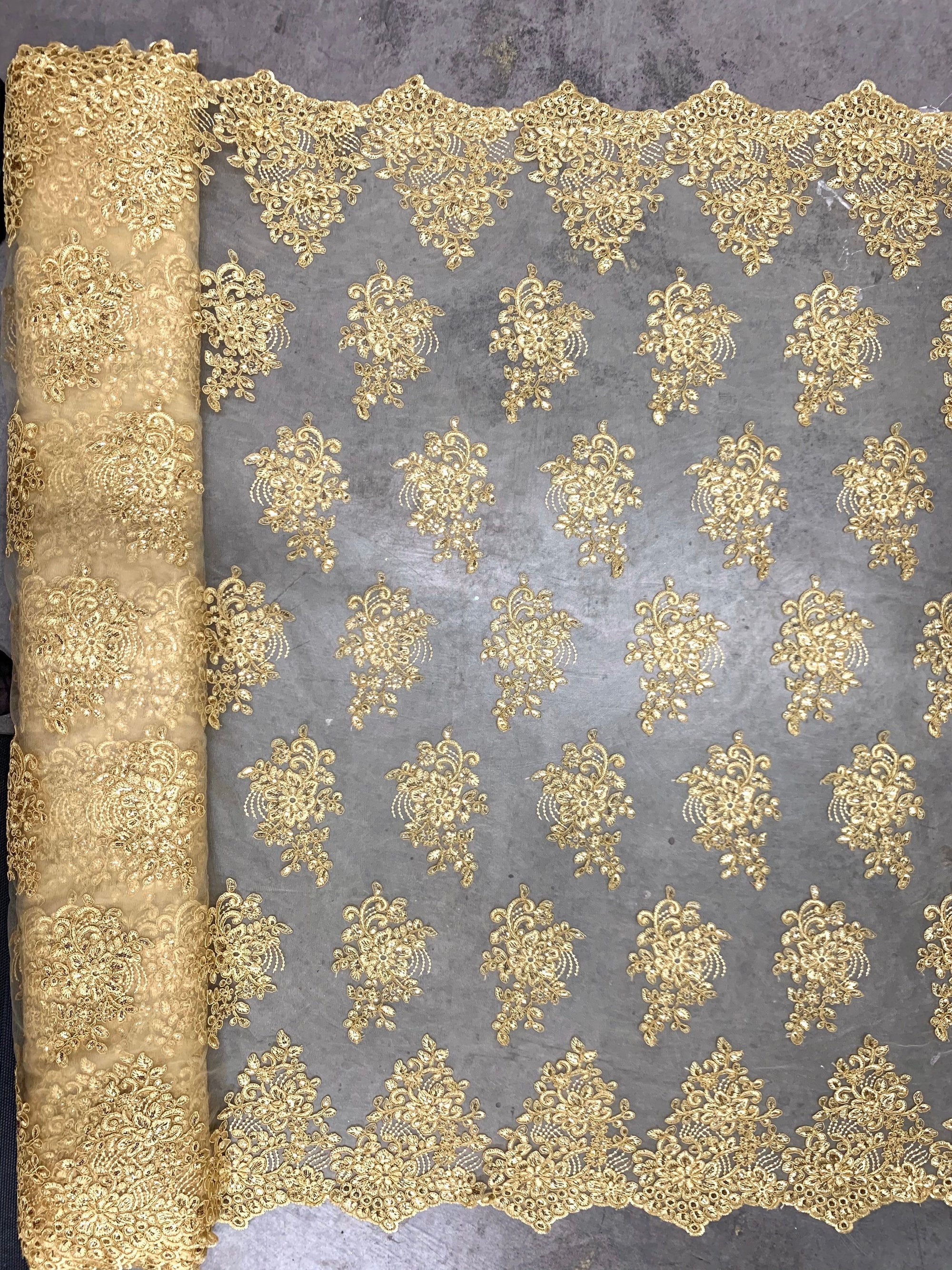 Brianna GOLD Polyester Floral Embroidery with Sequins on Mesh Lace Fabric by the Yard - 10020