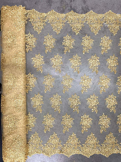 Brianna GOLD Polyester Floral Embroidery with Sequins on Mesh Lace Fabric by the Yard - 10020