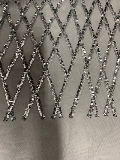 Jordyn SILVER Diamond Sequins on WHITE Mesh Lace Fabric by the Yard - 10008