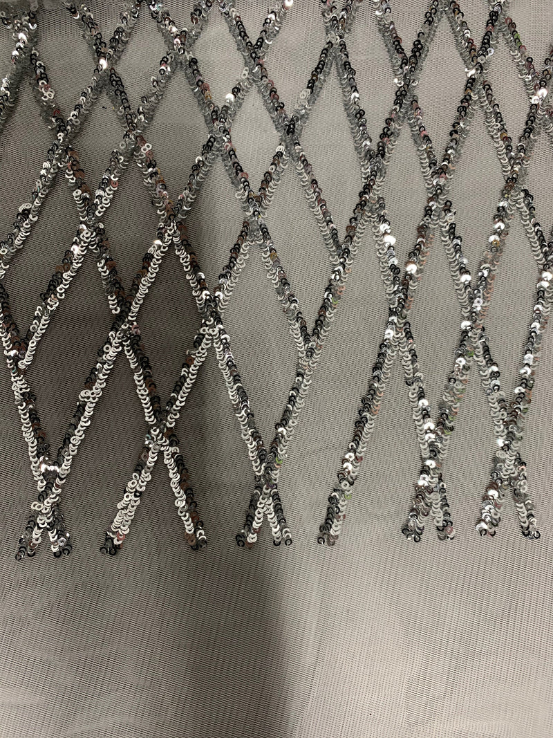 Jordyn SILVER Diamond Sequins on WHITE Mesh Lace Fabric by the Yard - 10008