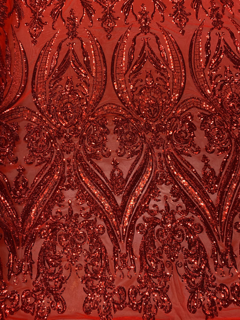 Alaina RED Curlicue Sequins on Mesh Lace Fabric by the Yard - 10018