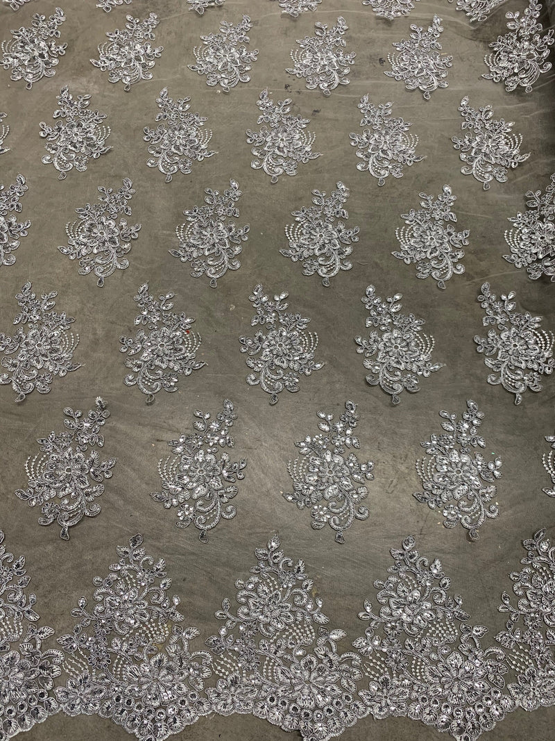 Brianna GREY Polyester Floral Embroidery with Sequins on Mesh Lace Fabric by the Yard - 10020