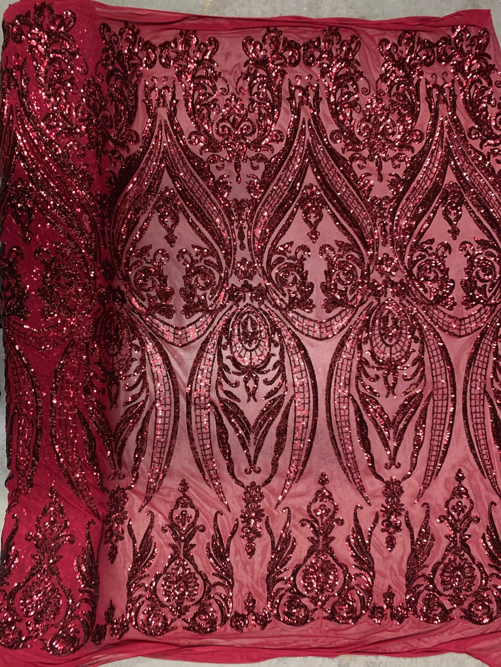 Alaina BURGUNDY Curlicue Sequins on Mesh Lace Fabric by the Yard - 10018