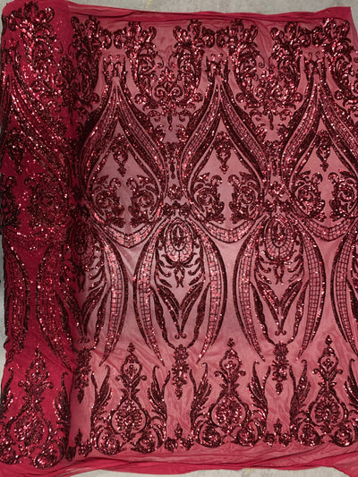 Alaina BURGUNDY Curlicue Sequins on Mesh Lace Fabric by the Yard - 10018
