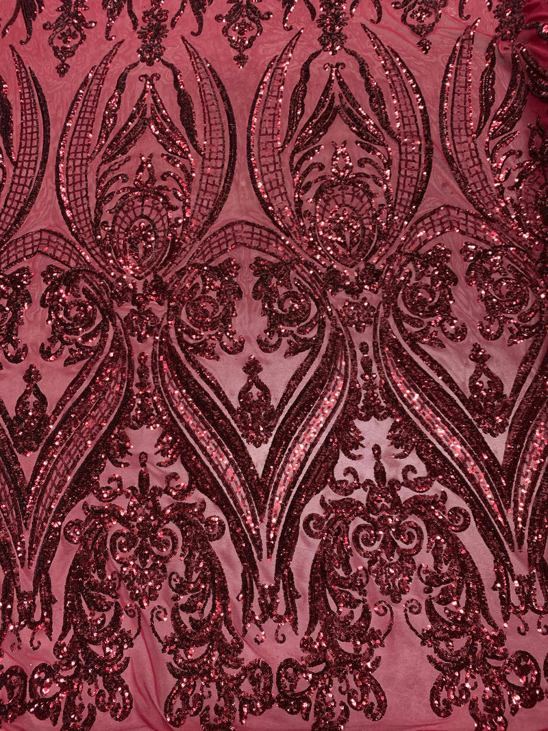 Alaina BURGUNDY Curlicue Sequins on Mesh Lace Fabric by the Yard - 10018