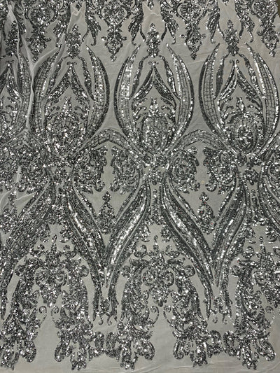 Alaina SILVER Curlicue Sequins on WHITE Mesh Lace Fabric by the Yard - 10018