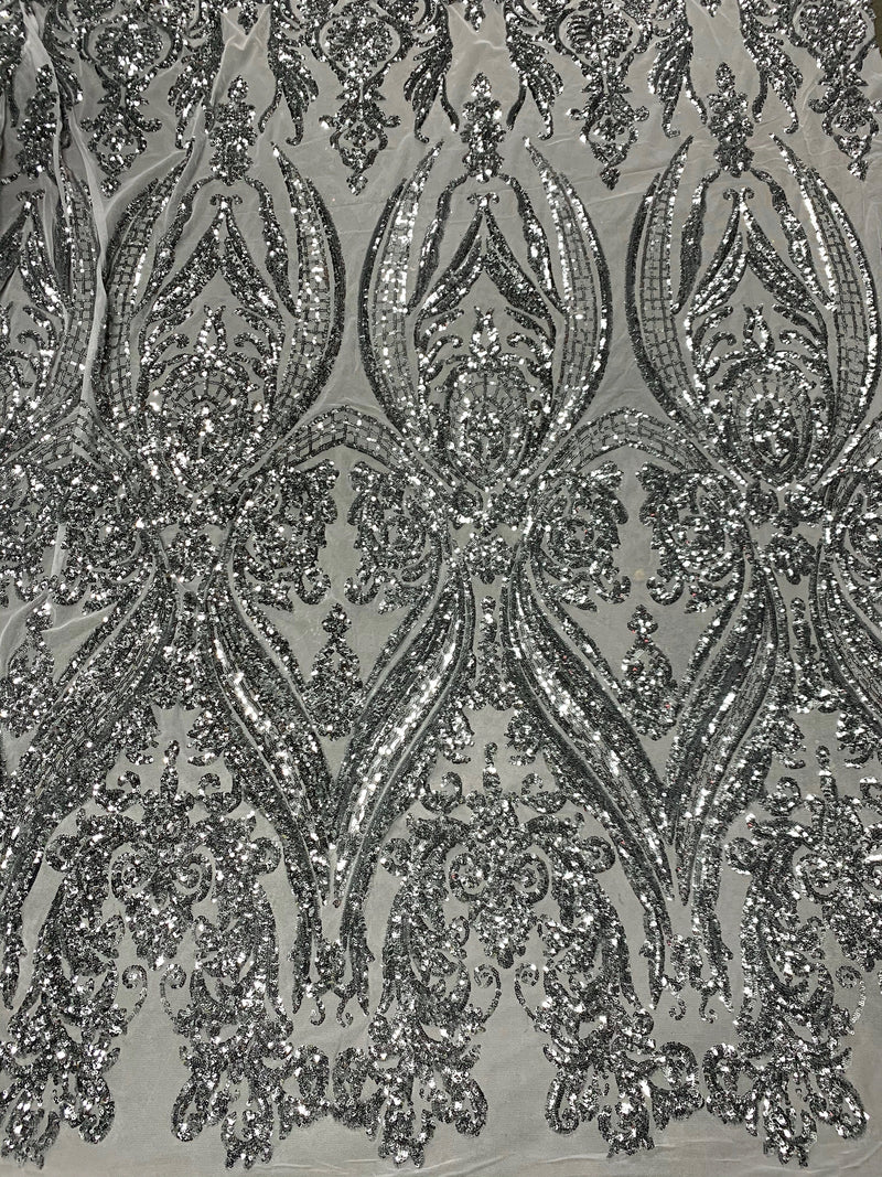 Alaina SILVER Curlicue Sequins on WHITE Mesh Lace Fabric by the Yard - 10018