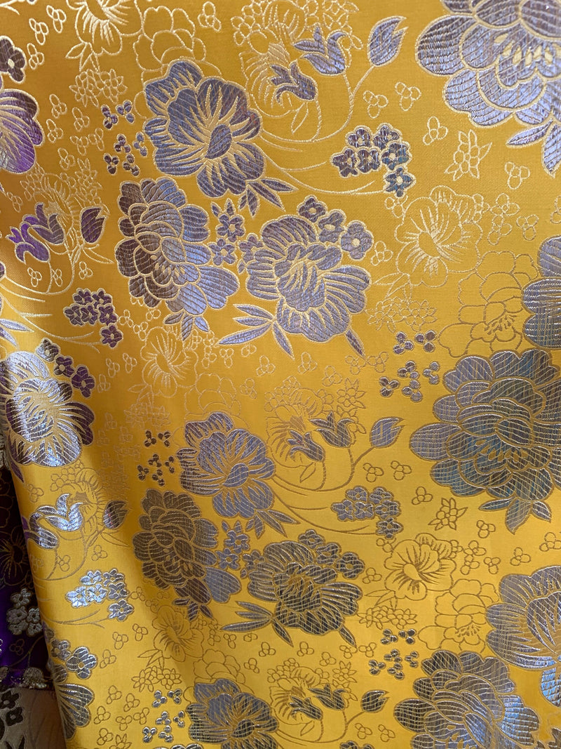 Juliet YELLOW Floral Brocade Chinese Satin Fabric by the Yard - 10053
