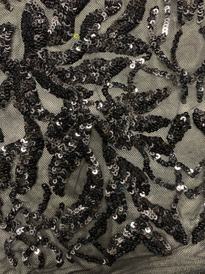 Frances BLACK Vines and Leaves Sequins on BLACK Mesh Lace Fabric by the Yard - 10153