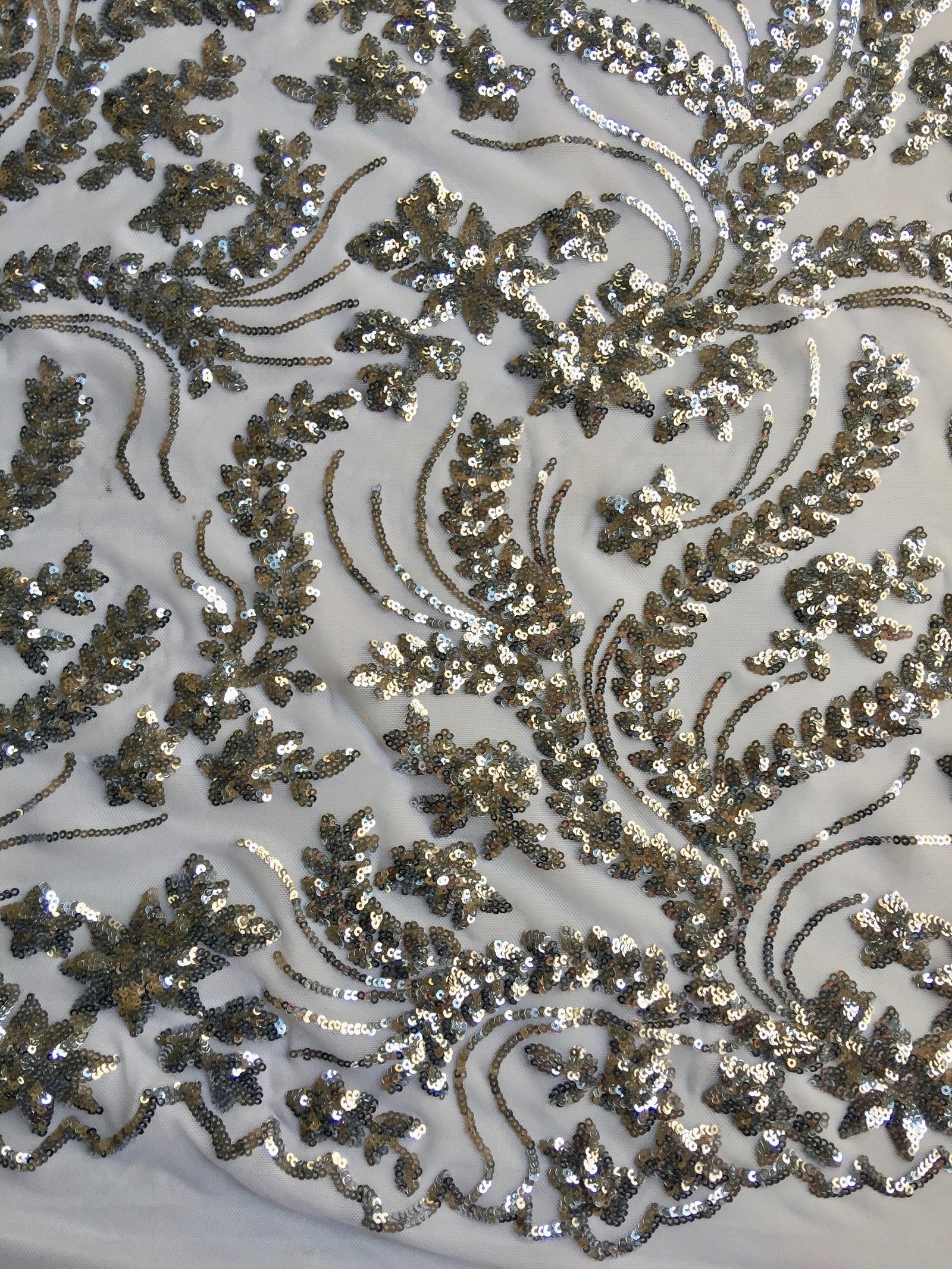 Erin SILVER Flowers and Leaves Sequins on Mesh Lace Fabric by the Yard - 10063