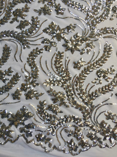 Erin SILVER Flowers and Leaves Sequins on Mesh Lace Fabric by the Yard - 10063
