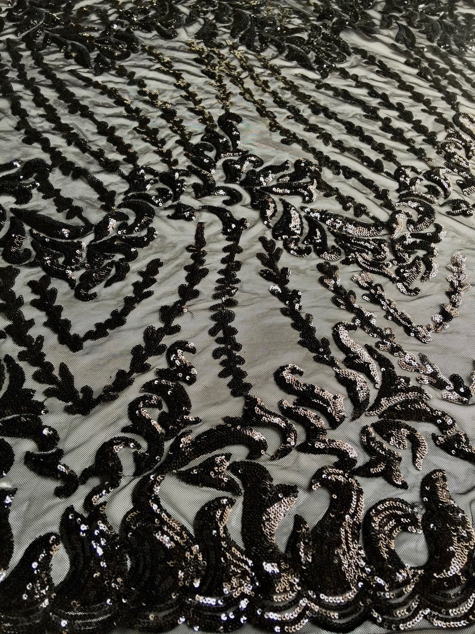 Miranda BLACK Vines and Leaves Sequins on BLACK Mesh Lace Fabric by the Yard - 10061