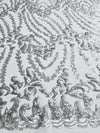 Miranda SILVER Vines and Leaves Sequins on WHITE Mesh Lace Fabric by the Yard - 10061