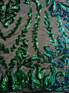 Miranda Iridescent GREEN BLUE Mermaid Vines and Leaves Sequins on BLACK Mesh Lace Fabric by the Yard - 10061