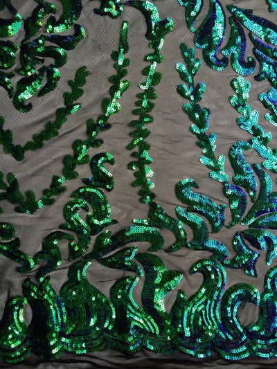 Miranda Iridescent GREEN BLUE Mermaid Vines and Leaves Sequins on BLACK Mesh Lace Fabric by the Yard - 10061